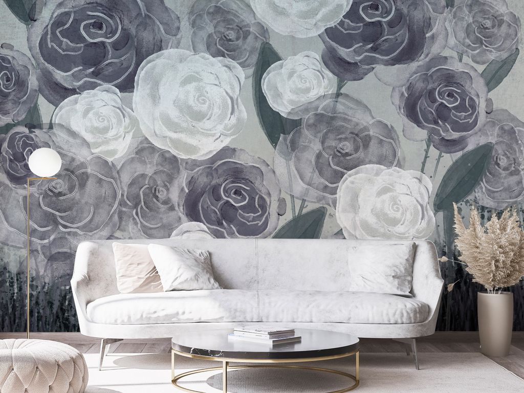 Vlies Fototapete Blumen Rosen 400x280 cm Tapeten Wandtapete XXL Betonoptik Natur wie gemalt grau b-A-10315-a-a
