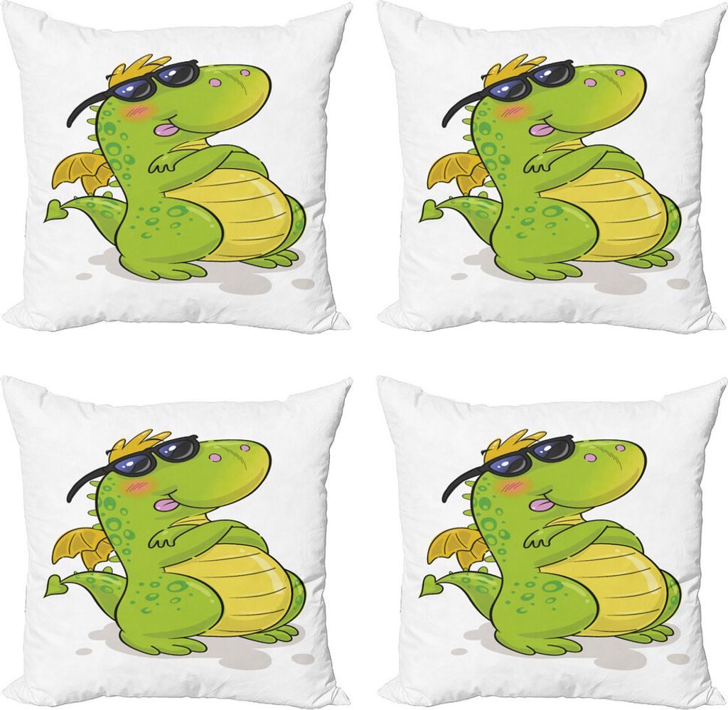 ABAKUHAUS Drachen Kissenbezug Set (4 Stück), Lustiger Dino Cartoon-Charakter, Moderner Doppelseitiger Digitaldruck, 50 cm x 50 cm, Apfelgrün Mult...