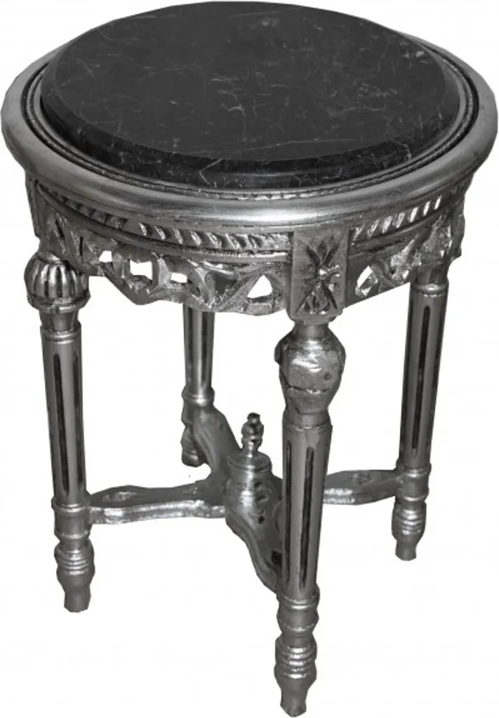 Table de chevet baroque argentée pour chambre, bout de canapé rond