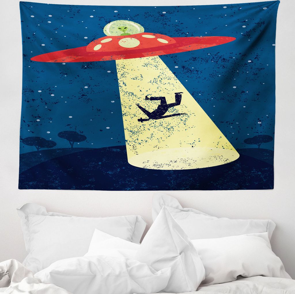ABAKUHAUS Karikatur Wandteppich, Alien Abduction Raum aus Weiches Mikrofaser Stoff Waschbar ohne Verblassen Digitaldruck, 150 x 110 cm, Blau und Gelb