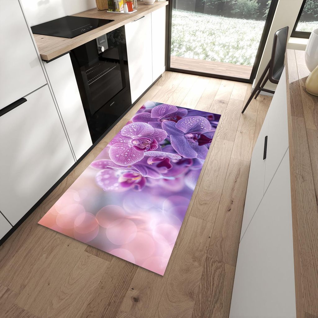 Küchenteppich 90x180cm rutschfest & abwischbar PVC Läufer - Orchideenblüten