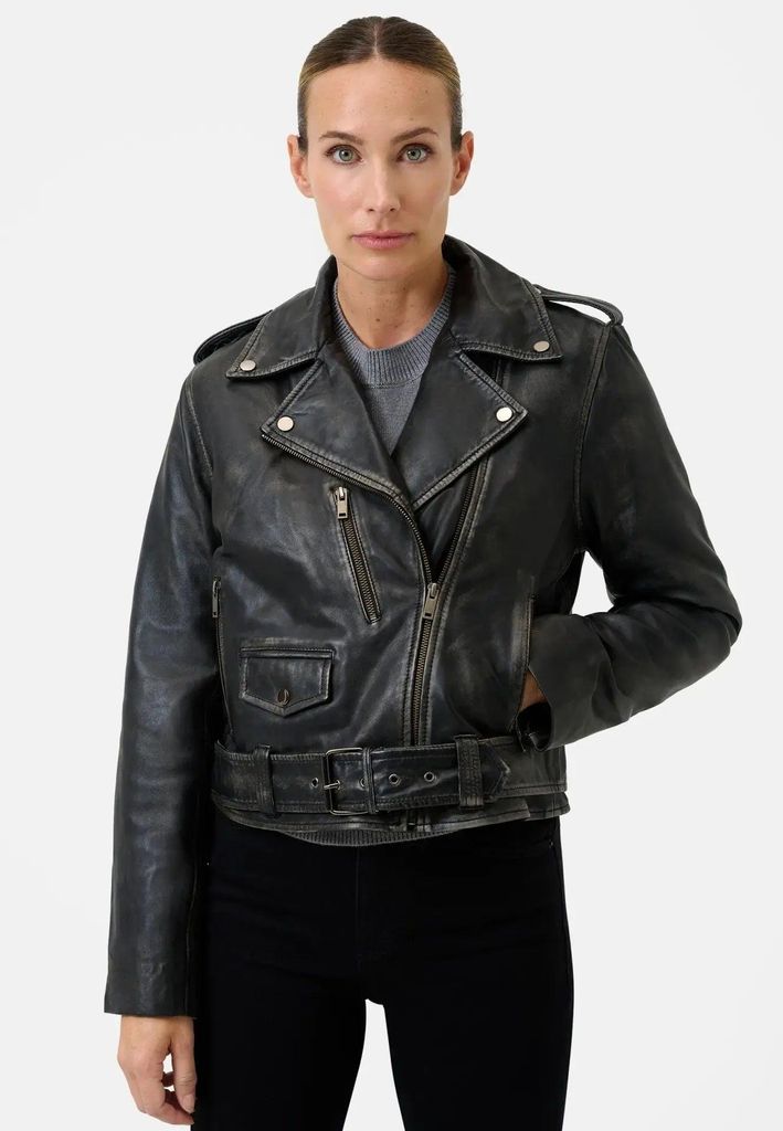 Ricano Damen Lederjacke Vintage Perfecto Stil LOUNA – Schwarz / XL