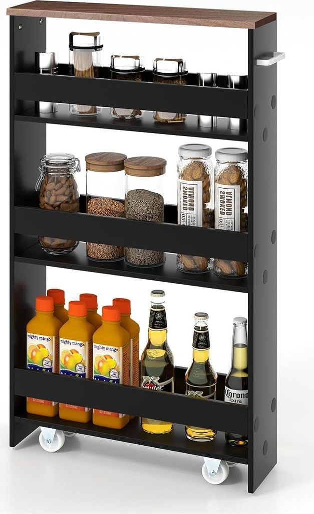 A black and brown four-tier rolling storage cart filled with various food items and beverages.