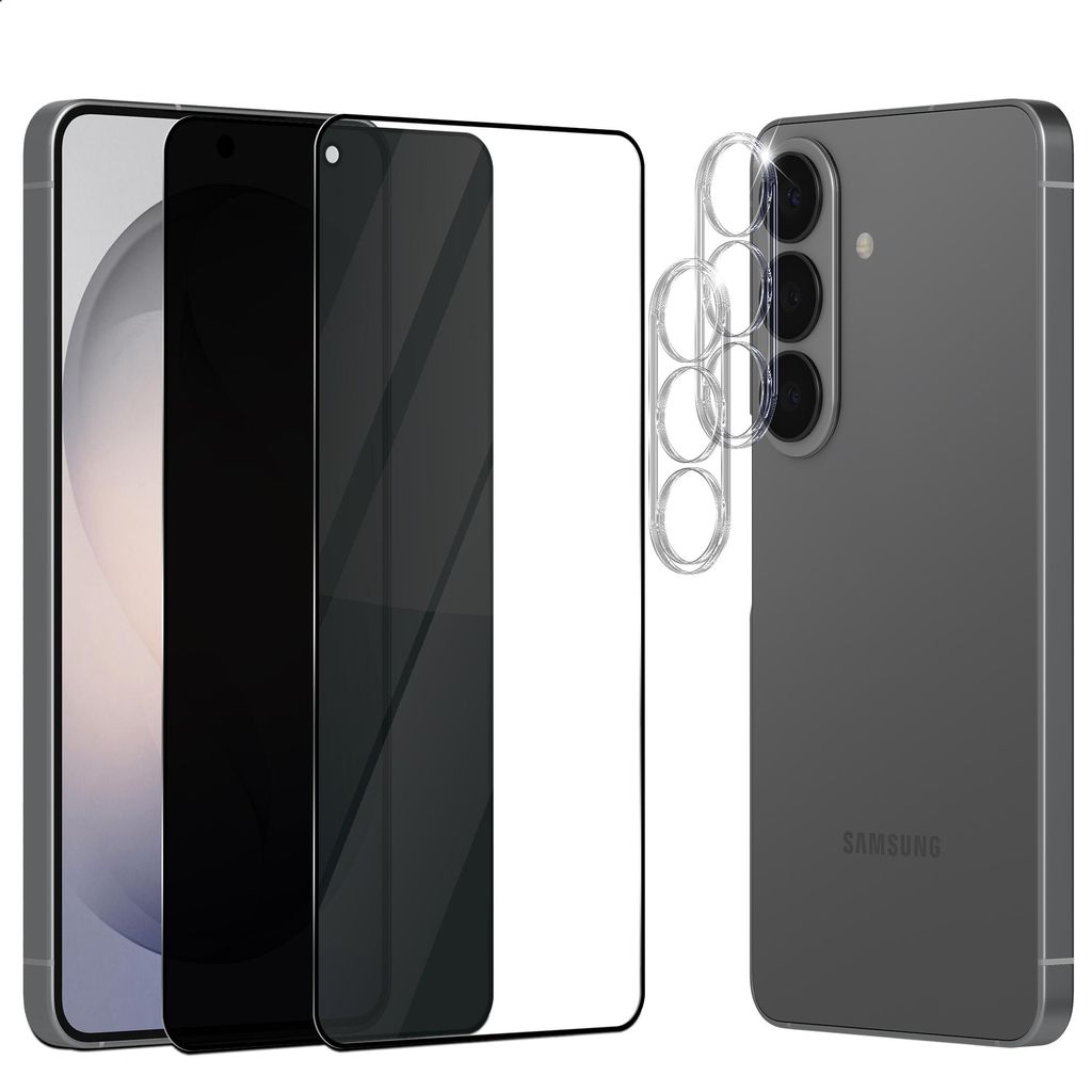 2-Pack Samsung S26 Bildschirmschutz (1 Privacy + 1 Klar) & 2-Pack Linsenschutz - Gehärtetes Glas 9H - Super Qualität 3D