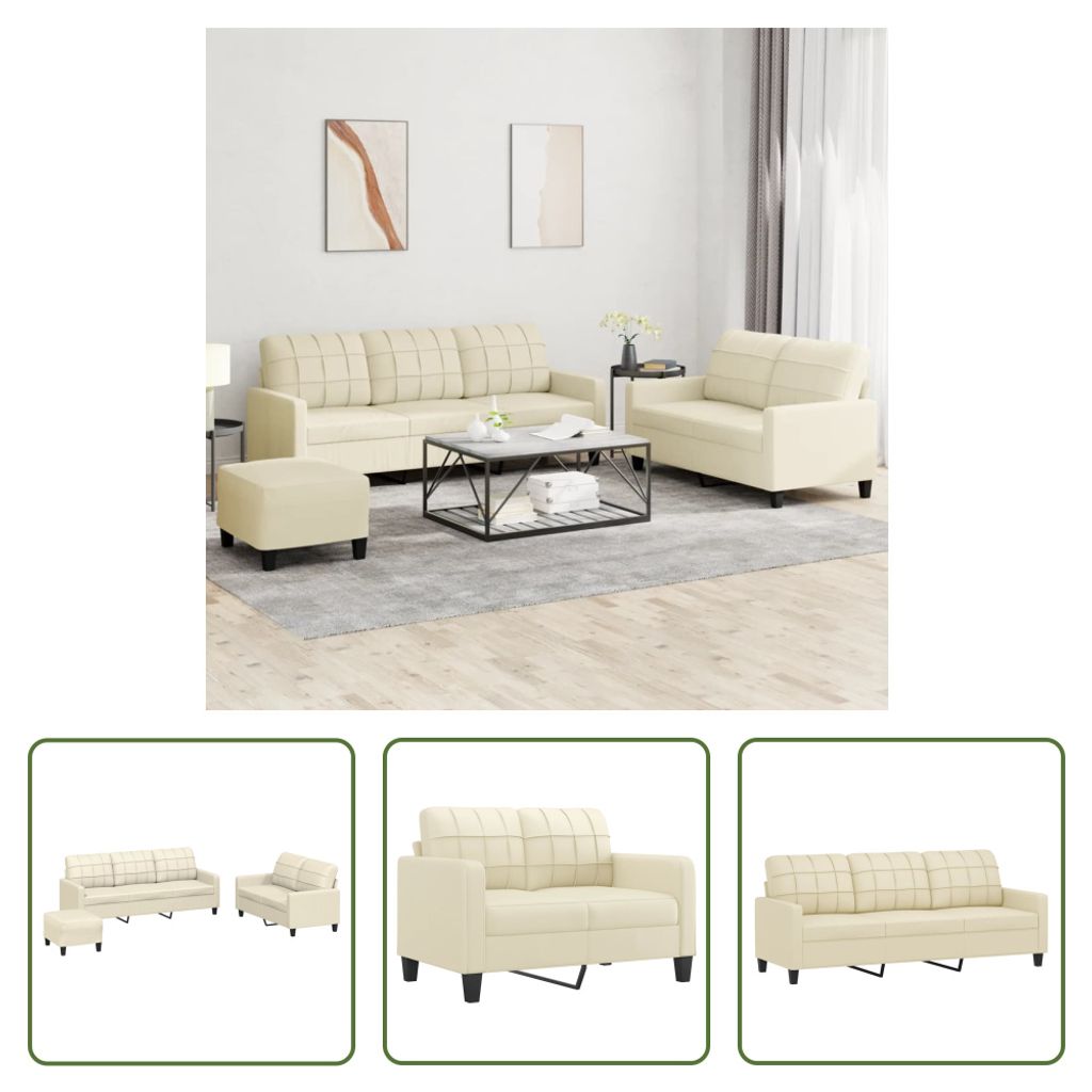 The Living Store 3-tlg. Sofagarnitur mit Kissen Creme Kunstleder