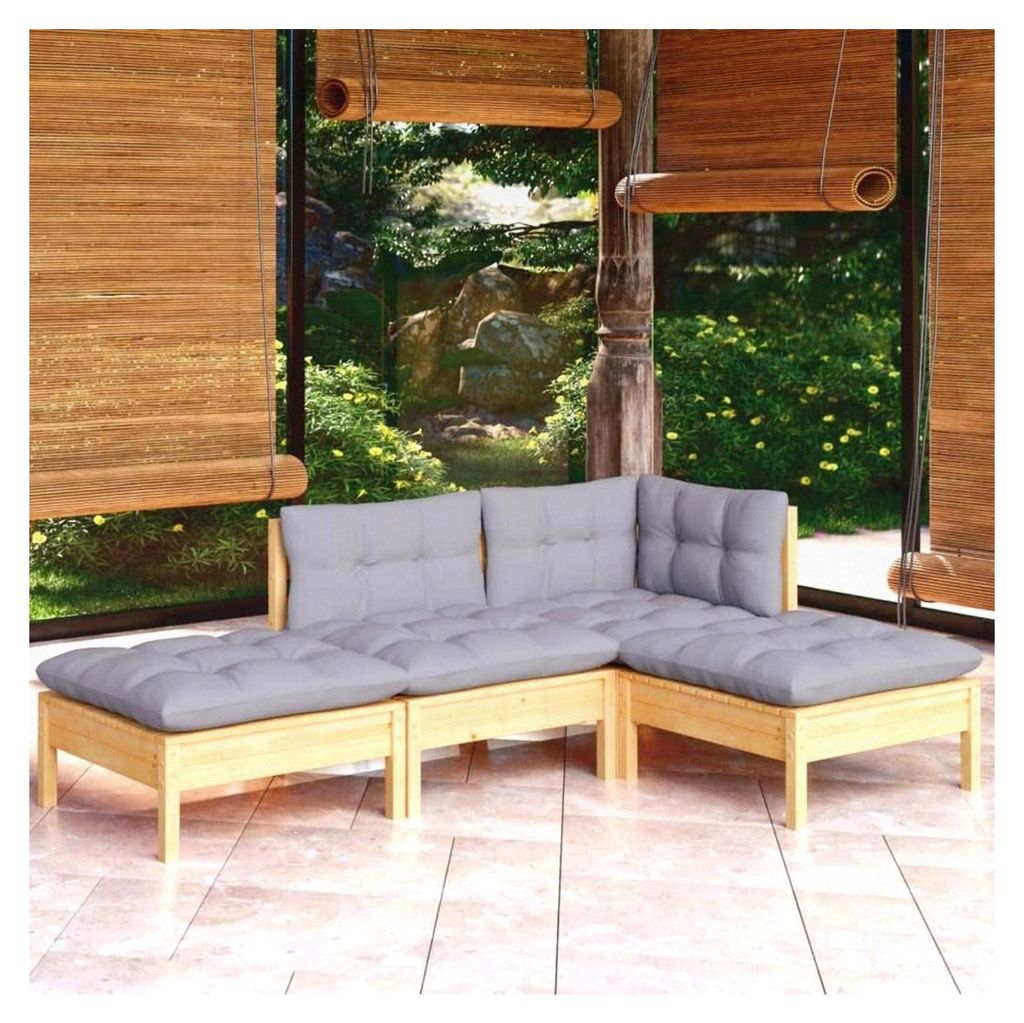 4-teiliges Garten-Lounge-Set aus massivem Kiefernholz mit grauen Kissen, modulare Outdoor-Sitzgruppe für Terrasse und Balkon, robuste Möbel für ...