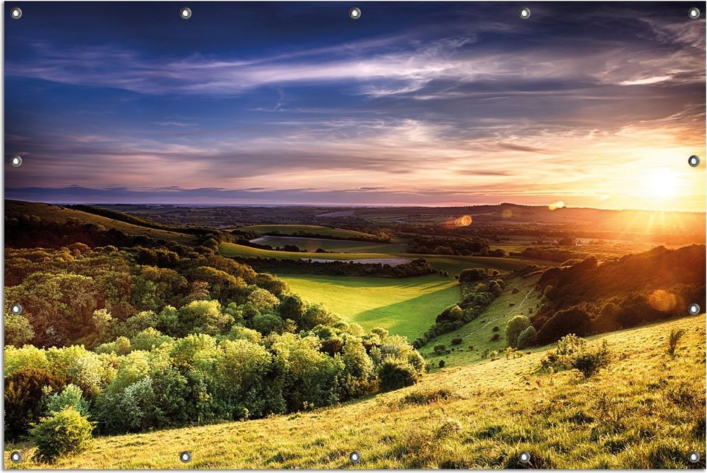 Wallario Outdoor-Poster für Garten oder Balkon, Motiv Farbenfroher Sonnenuntergang in England, in ca. 120 x 180 cm