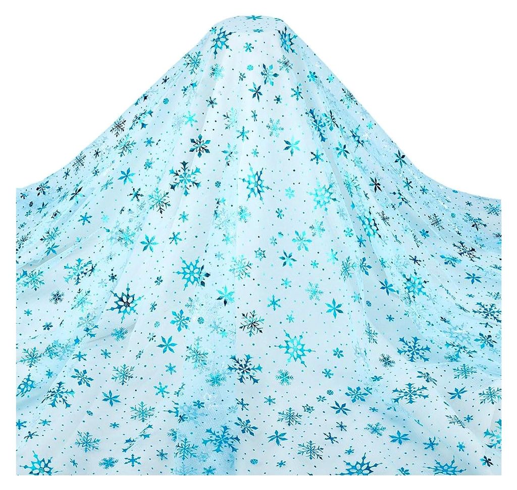 2M Blauer Schneeflocken Netzstoff 1,5m Winter Schneeflocken Dekostoff für Kleider, Möbel, Partys und Weihnachtsdekorationen