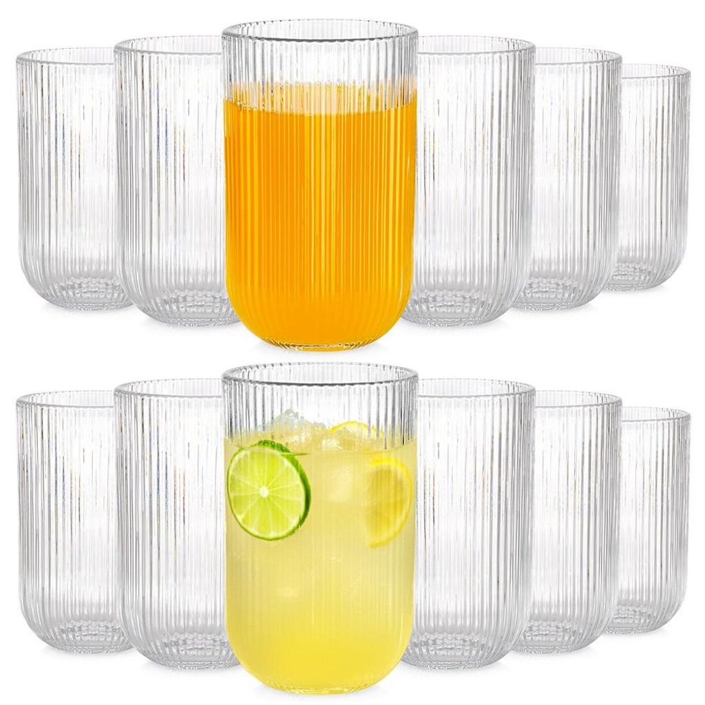 Vilde | Trinkgläser Set - 12 Stück - Geriffeltes Glas - 400 ml - Wassergläser - Saftgläser