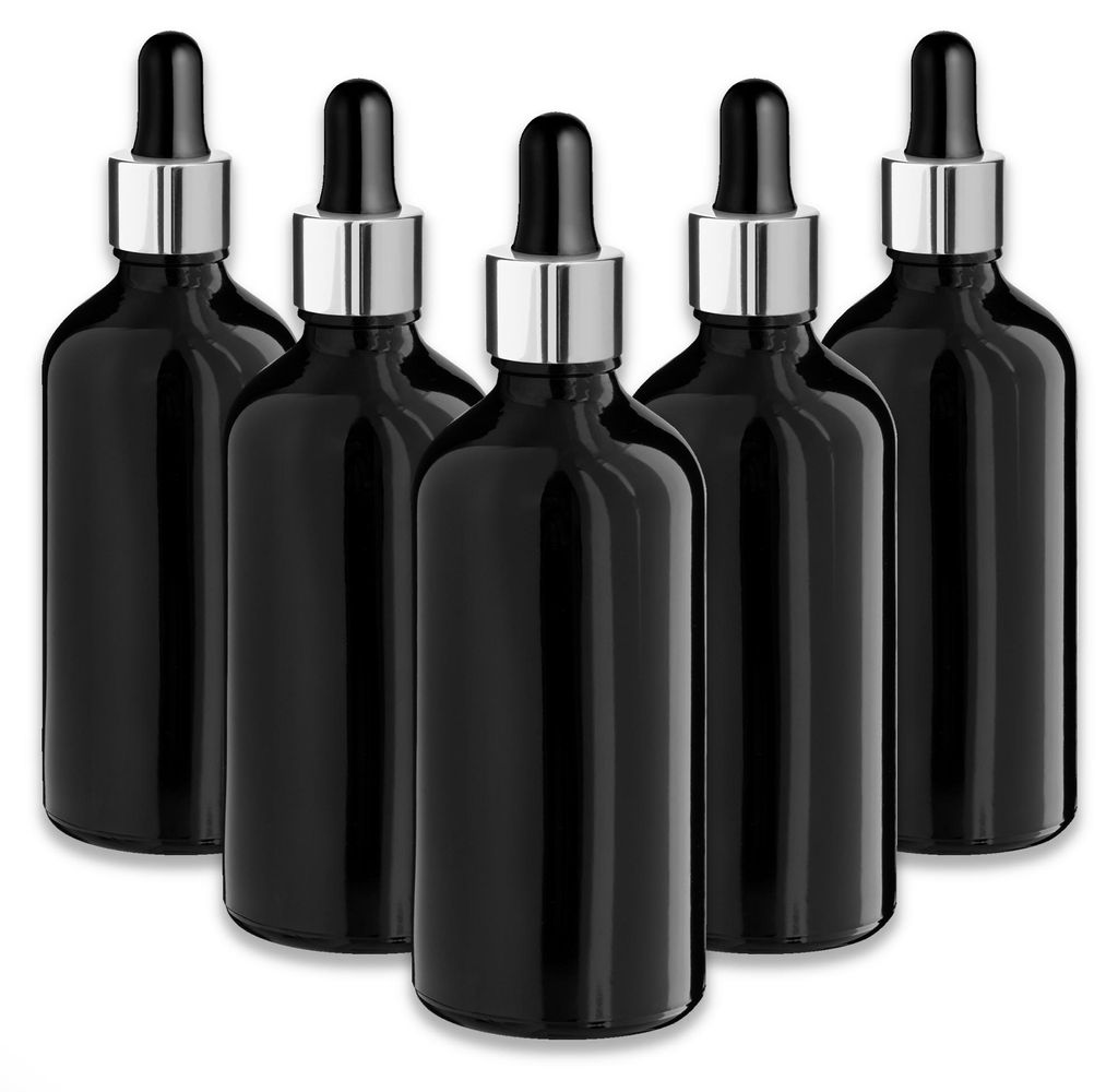 5x Schwarze Glasflasche 100 ml mit silberner Aluminium-Pipette Tropfer