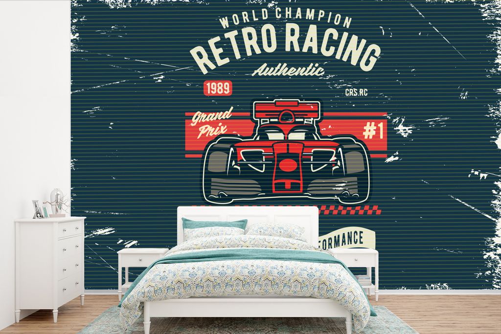 MuchoWow Fototapete für Wohnzimmer oder Schlafzimmer Wandtapete Vinyl Motivtapete Rennwagen - Rennstrecke - Retro - Zeichnung - 330x220 cm - Fot...