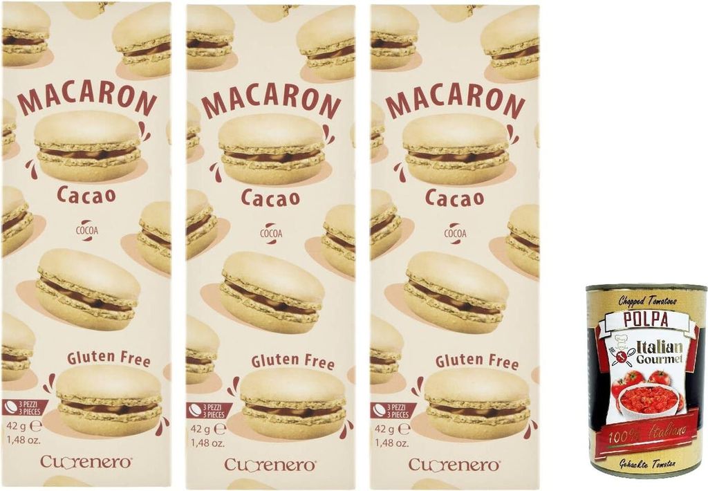 Cuorenero Macaron Cacao , gluten frei, gluten free, Kosher, Macaron Schokoalde 3x 42g + Italian Gourme tpolpa 400g