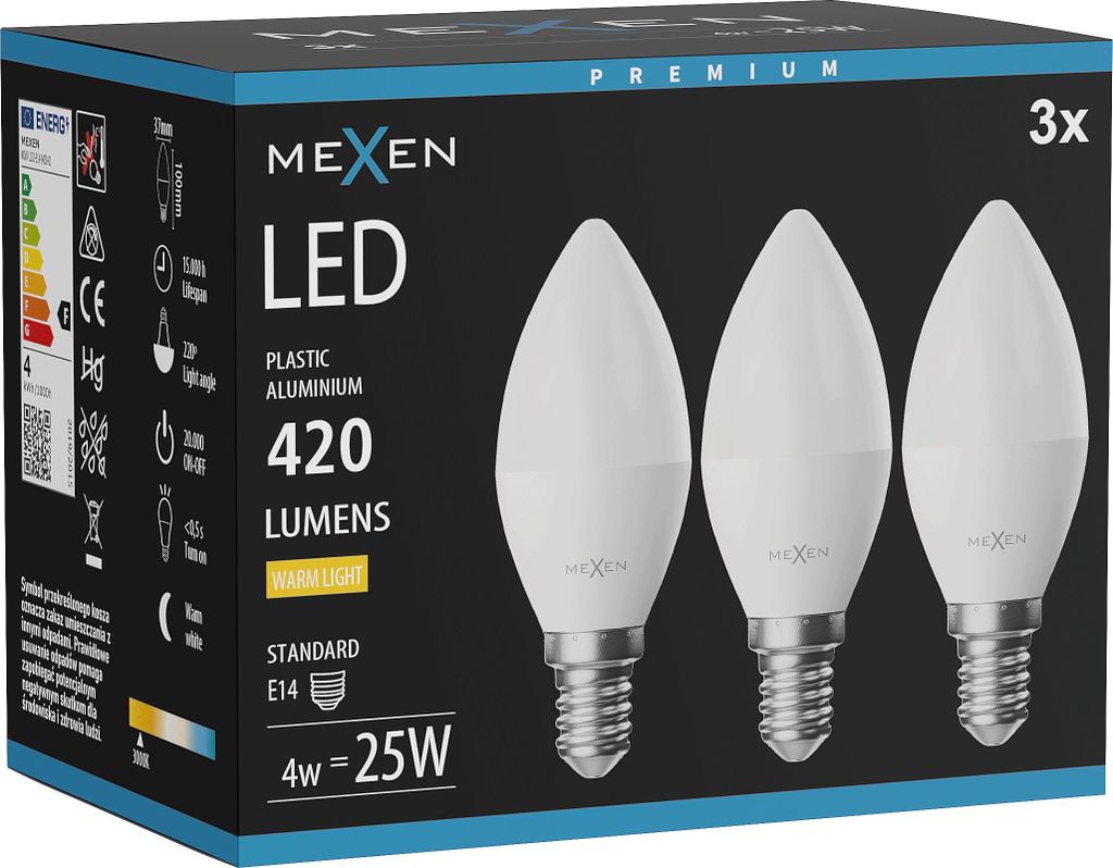 Mexen Nova 3x LED-Glühlampe E14, C37, 4W, Warm - 3000K, 420 lm - L102-E14-0430-01x03