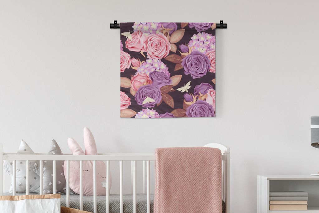 MuchoWow Wandteppich Wandbehang Blumen - Schmetterlinge - Rosa - Lila 60x60 cm Tapisserie Dekoration Wandtuch - Dekorationen - Wand Decke