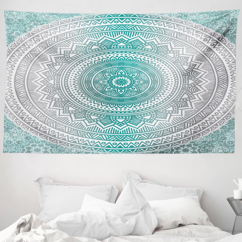 ABAKUHAUS Mandala Wandteppich, Boho Meditation Art Work aus Weiches Mikrofaser Stoff Waschbar ohne Verblassen Digitaldruck, 230 x 140 cm, Grau Teal