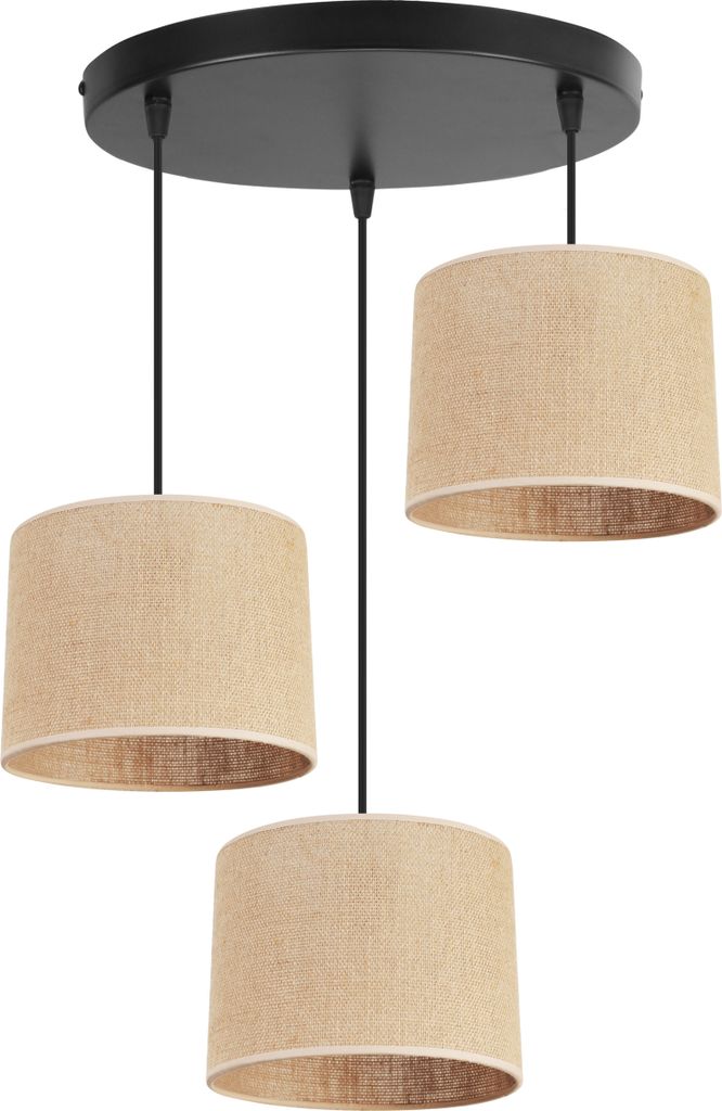 Light-Home Juta Hängelampe - Metall mit Lampenschirm aus Stoff - E27 - OV 3-Flammig 20 cm - Schwarz Basis und Jute