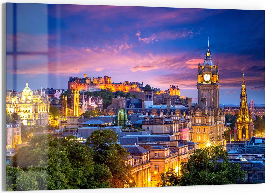 DEQORI Glasbild Echtglas 90x60 cm 'Calton Hill am Abend' Wandbild Bild modern Deko