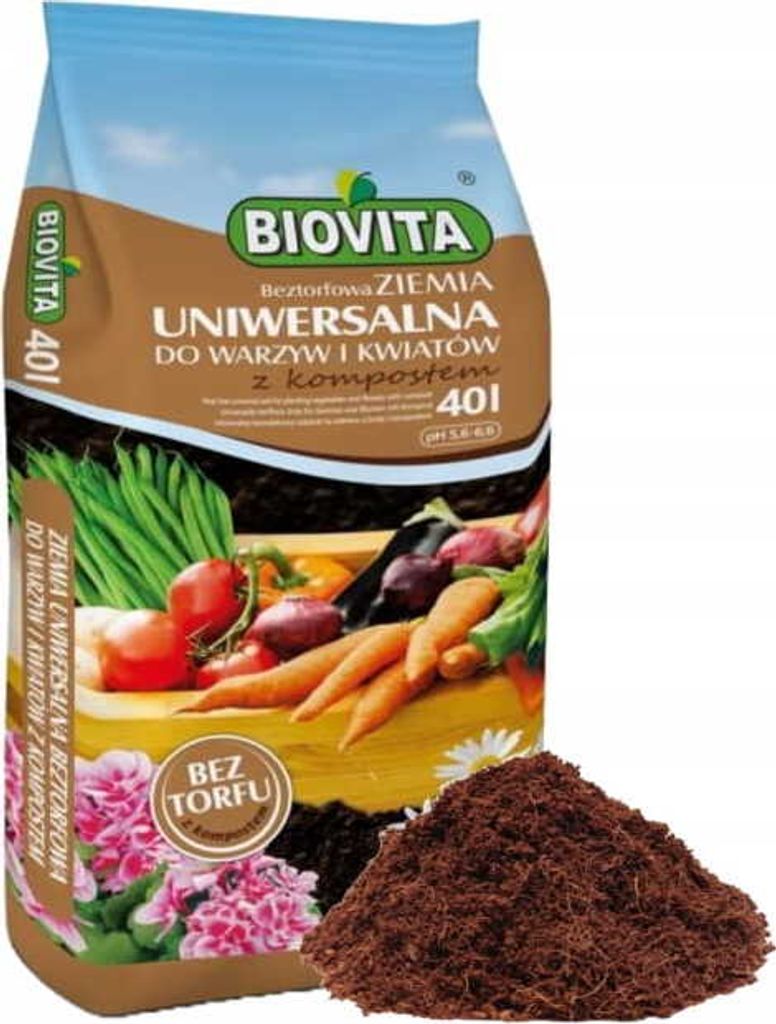 A bag of soil for plants with an illustration of vegetables and flowers.