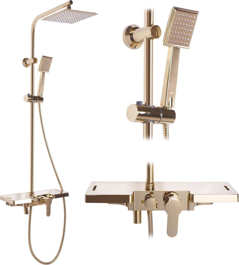A gold shower set displayed against a white background.
