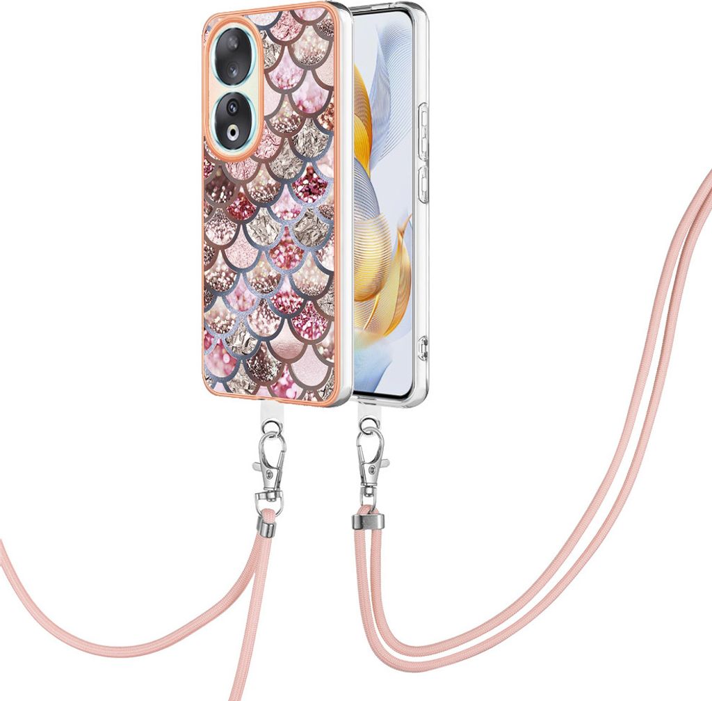 Handykette Hülle für Honor 90 5G Muster TPU Schutzhülle mit verstellbarem Tragegurt Kaffee