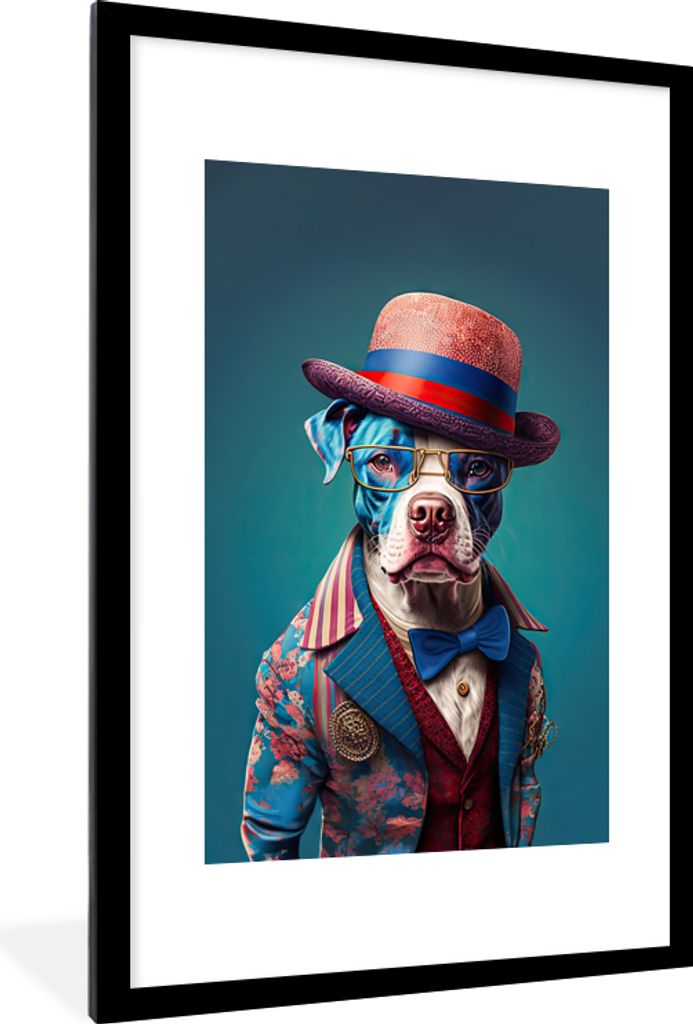 MuchoWow Gerahmtes Poster Hund - Hut - Jacke - Blumen - Blau 60x90 cm - Poster mit Schwarzem Bilderrahmen Wandposter Rahmen Foto Bilder - Dekorat...