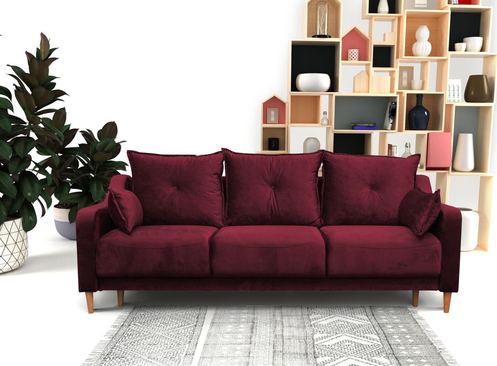 Moderne Schlafsofa mit Bettkasten LENNY, Sofa mit Relaxfunktion, Couch inklusive Wellenunterfederung (Stoff: riviera 59 - rot)