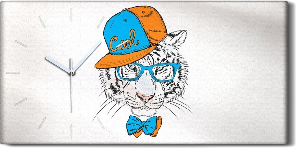 Leinwand Wanduhr Wandkunst Uhr 60x30 Foto Wand Tier Katze Tiger mit Brille - weiße Hände