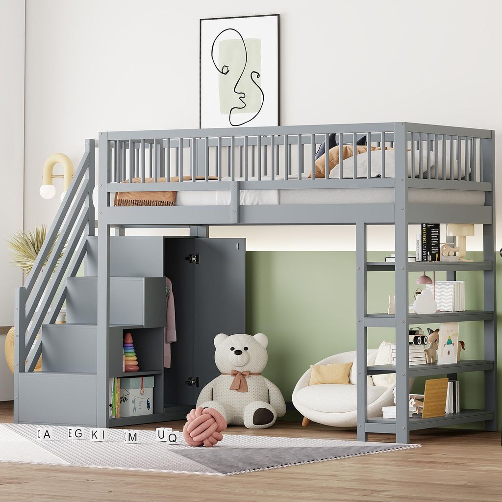 A child's bedroom with a loft bed, wardrobe, and toys.