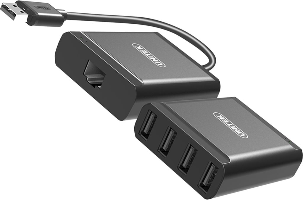 A black USB hub with multiple ports and a USB connector.