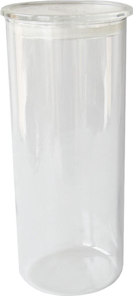 A clear glass jar with a lid, isolated on a white background.