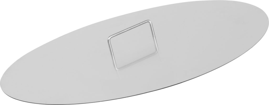 A silver, oval-shaped lid for a fire pit is shown on a white background.