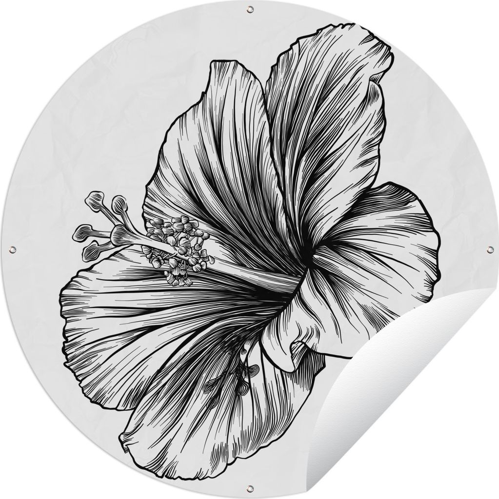 MuchoWow Gartenposter Outdoor-Poster Rund Hibiskus - Skizze - Illustration Ø 90 cm Gartendeko Rundes Poster draußen