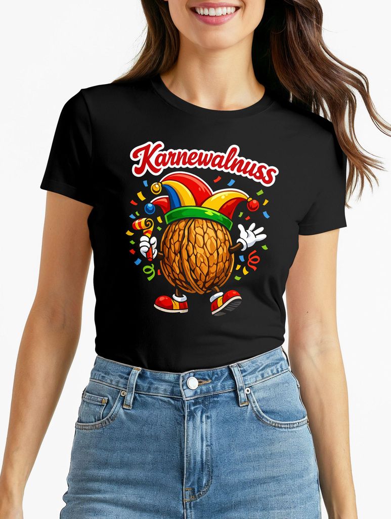 Damen T-Shirt - Karne-Walnuss Design- Fasching Karneval Ersatz Verkleidung Last Minute Kostüm Funshirt Moonworks