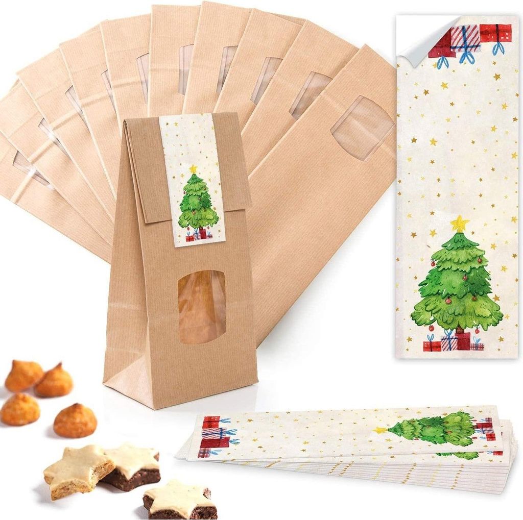 10 Stück kleine braune Block-Bodenbeutel MIT FENSTER + Pergamin-Einlage 10,5 x 6,5 x 29 cm + 10 beige weiße WUNDERBARE WEIHNACHTEN Weihnachts-Auf...