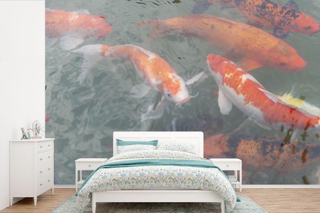 MuchoWow Fototapete für Wohnzimmer oder Schlafzimmer Wandtapete Vinyl Motivtapete Mehrere Koi-Karpfen - 450x300 cm - Gemusterte