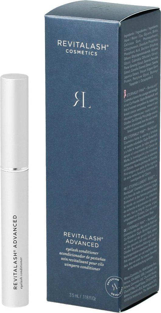 A product shot of a RevitaLash Advanced Eyelash Conditioner tube and its packaging box.