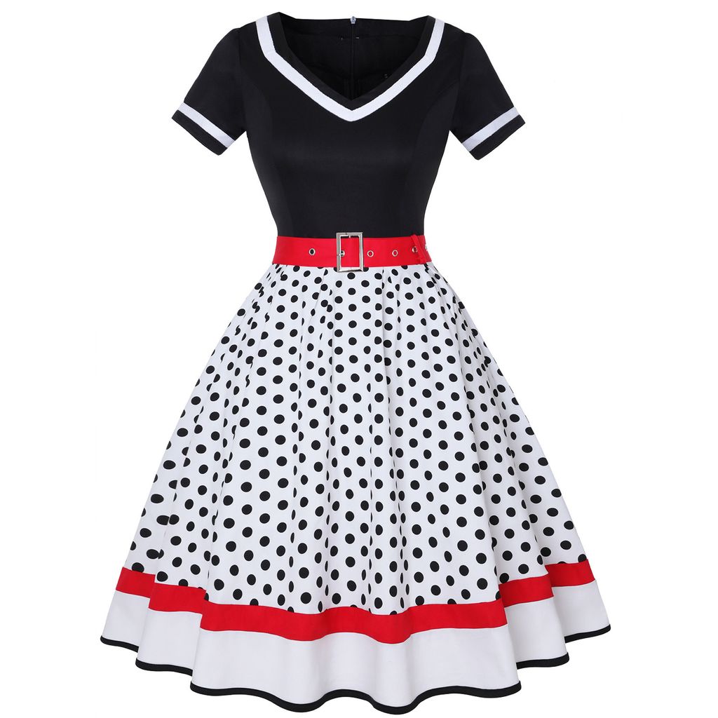 ASKSA Rockabilly Kleider Damen 50er Jahre Vintage Kurzarm V-Ausschnitt Polka Dot Swing Coctailkleid Hochzeit Festlich Knielang Kleid (Weiss,XXL)