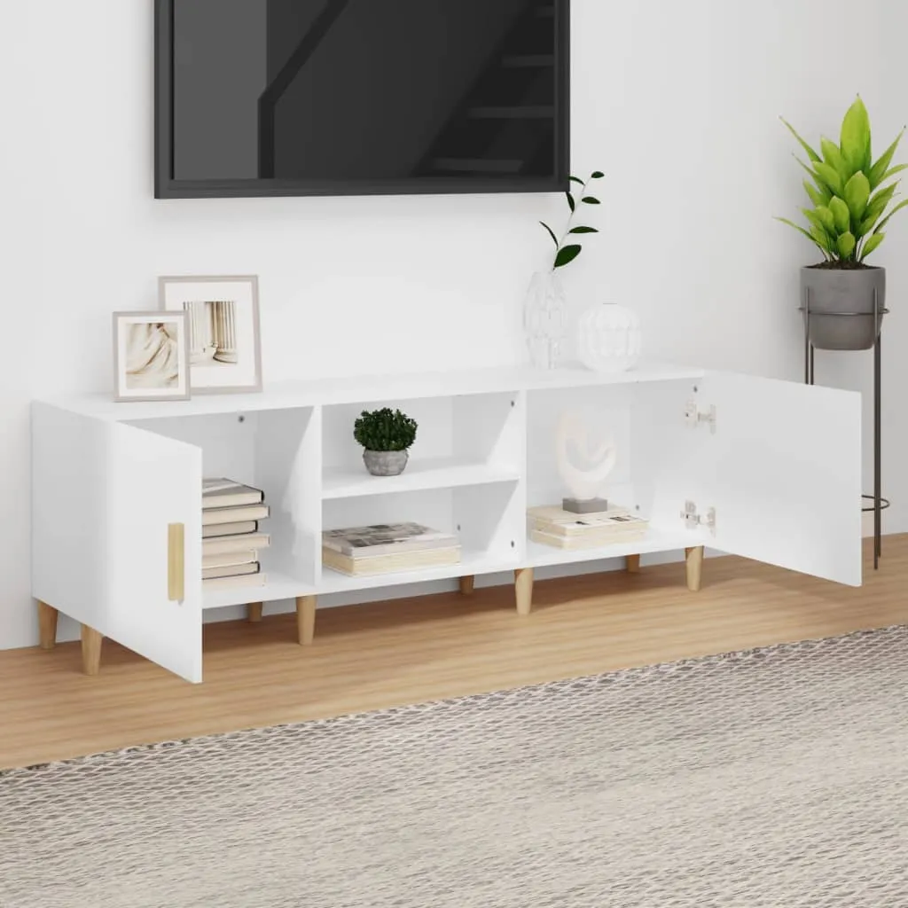 Mobile TV Bianco Lucido VidaXL 150x30x50 Cm In Multistrato – 4 Scomparti Con Ante, Gambe In Ferro, Fissaggio A Parete Incluso