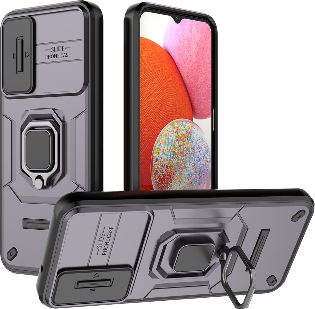 Hülle für Samsung Galaxy A14 5G/4G Dual Layer Handyhülle Schiebe Kamera Schutz und Ringhalter Ständer Lila
