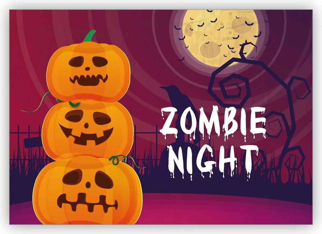 Gruselige schöne Halloween Einladungskarte mit Kürbis und Mond: Zombie Night
