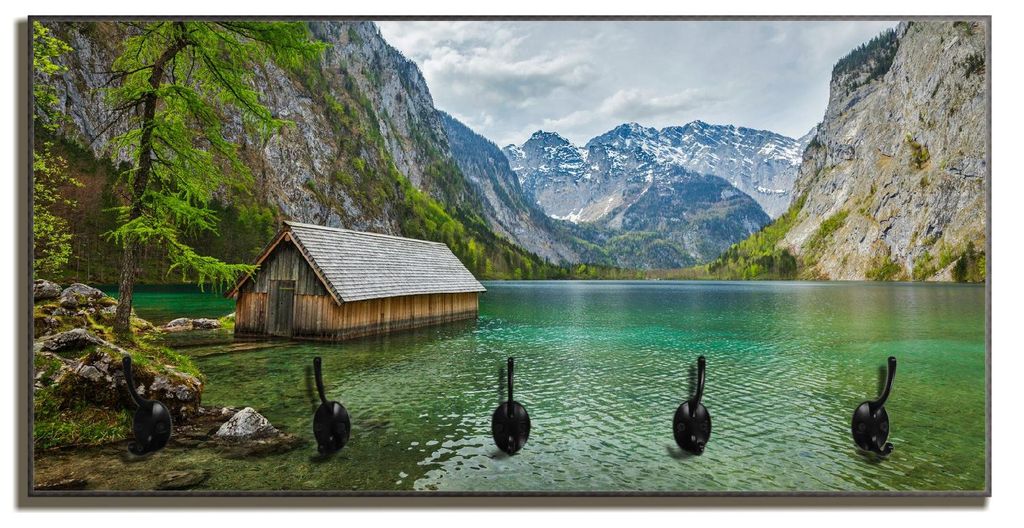 Wallario Flurgarderobe Wandgarderobe aus Holz, mit 5 Haken, Größe 80 x 40 cm, Motiv Berghütte an See