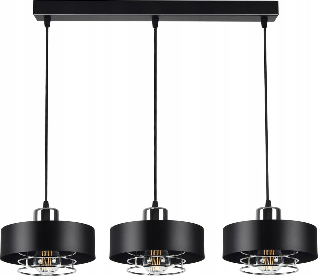A black, three-light pendant lamp with chrome accents, shown against a white background.