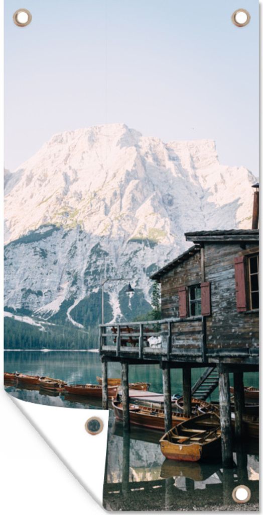 MuchoWow 30x60 cm Outdoor-Poster Gartendeko Sichtschutz Garten Poster für den Garten Verschneite Berge am Pragser Wildsee