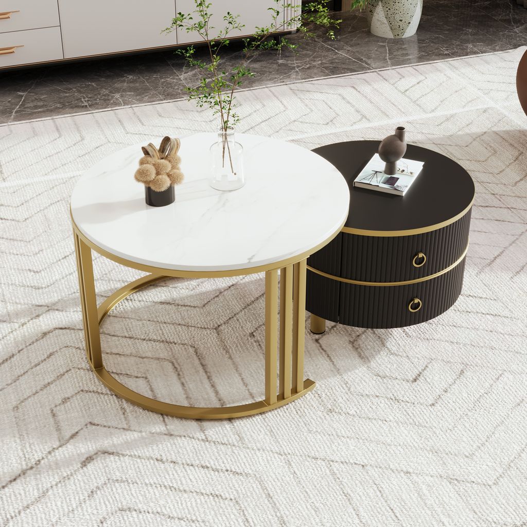 okwish Couchtisch 2-in-1 runder MDF Beistelltisch mit glänzender Platte und 1 weißer Marmorplatte, Wohnzimmer-Couchtischkombination mit 2 Schubla...