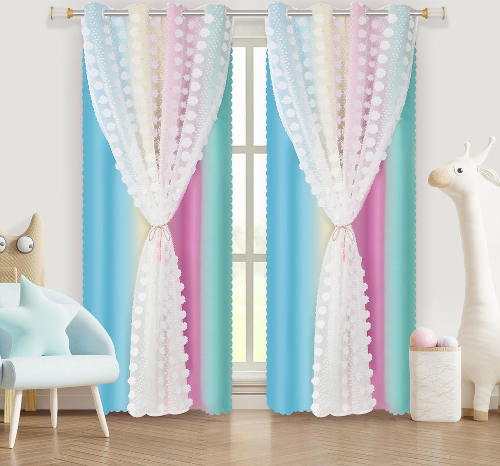 2 Stück Fertiggardinen 132x243cm Kindervorhang Ösen Gardinen mit PomPom Doppelschichtige Kinderzimmer Vorhänge,Baby Gardinen,Macaron-Blau