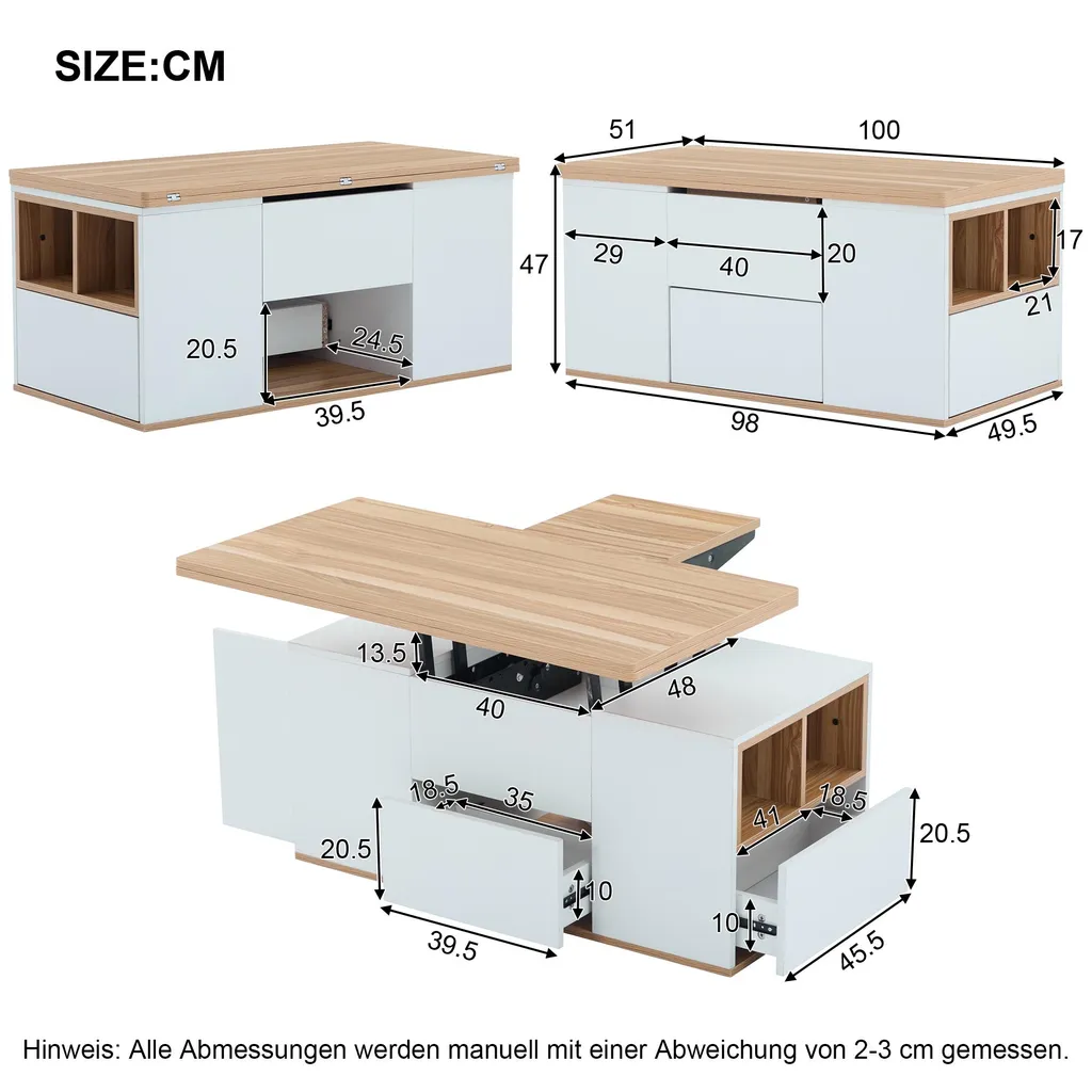 Table Basse Transformable à Double Plateau et Rangement 2 Tiroirs Intégrés - 4
