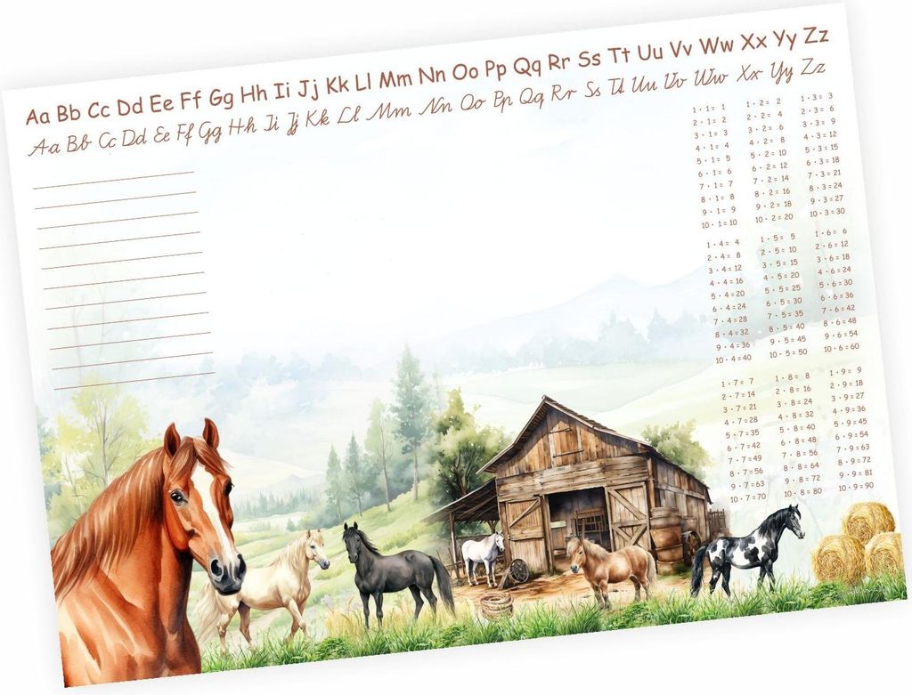 A3 Schreibtischunterlage Papier Pferde & Ponys – mit kleinem 1×1 | 50 Blatt