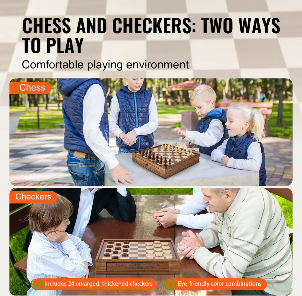 Jeu d'échecs & Dames 15" en bois - Idéal Tournoi & Débutant - 6