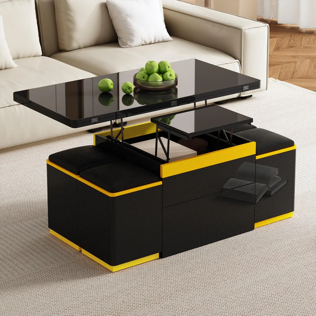 Table Basse Relevable et Extensible Noir Brillant avec 4 Tabourets