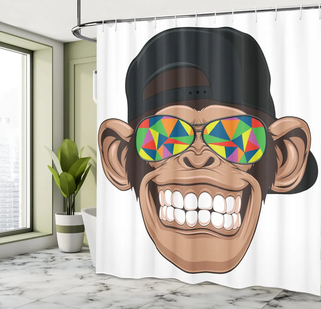 ABAKUHAUS Tenda da doccia con caricatura, divertente scimmia hipster con occhiali da sole colorati e cappello, scimmia hippie rapper, set decorativo per bagno in tessuto con ganci, 175x220 cm, marrone, nero e bianco - 3